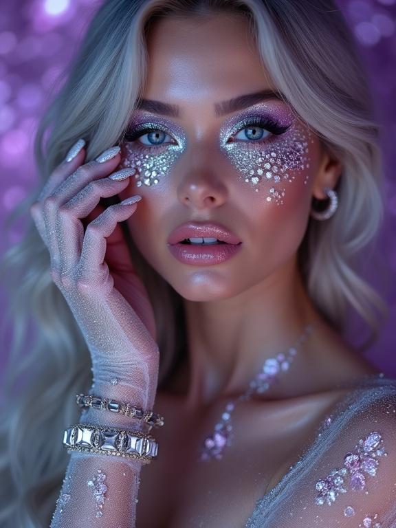 High-fashion close-up featuring glamorous woman with artistic makeup. Silver glowing eyes highlighted by rhinestones and crystals. Wavy silver long hair adorned with pink sparkles. Shimmering blue and white metallic eyeshadow blends into flawless skin. Lush lips with silver gloss. Tanned skin dusted with glitter sparkling under high-contrast lighting. Jeweled bracelet matches facial crystals. Lace gloves and long silver nails gently touching cheek. Background with purple nebula.