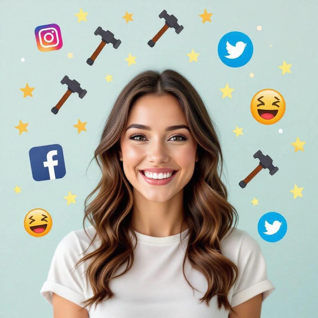 Image of a woman with long wavy hair. Emojis and hammer graphics surround the composition. Bright light blue background. Focus on the hairstyle and graphics. Emblematic of social media and digital branding.