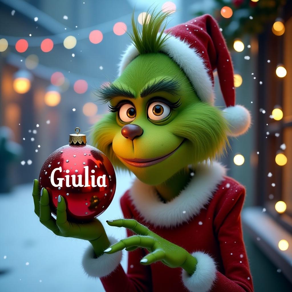 Grinch character portrayed in a snowy environment holding a Christmas bauble with name Giulia. Background features colorful Christmas lights.