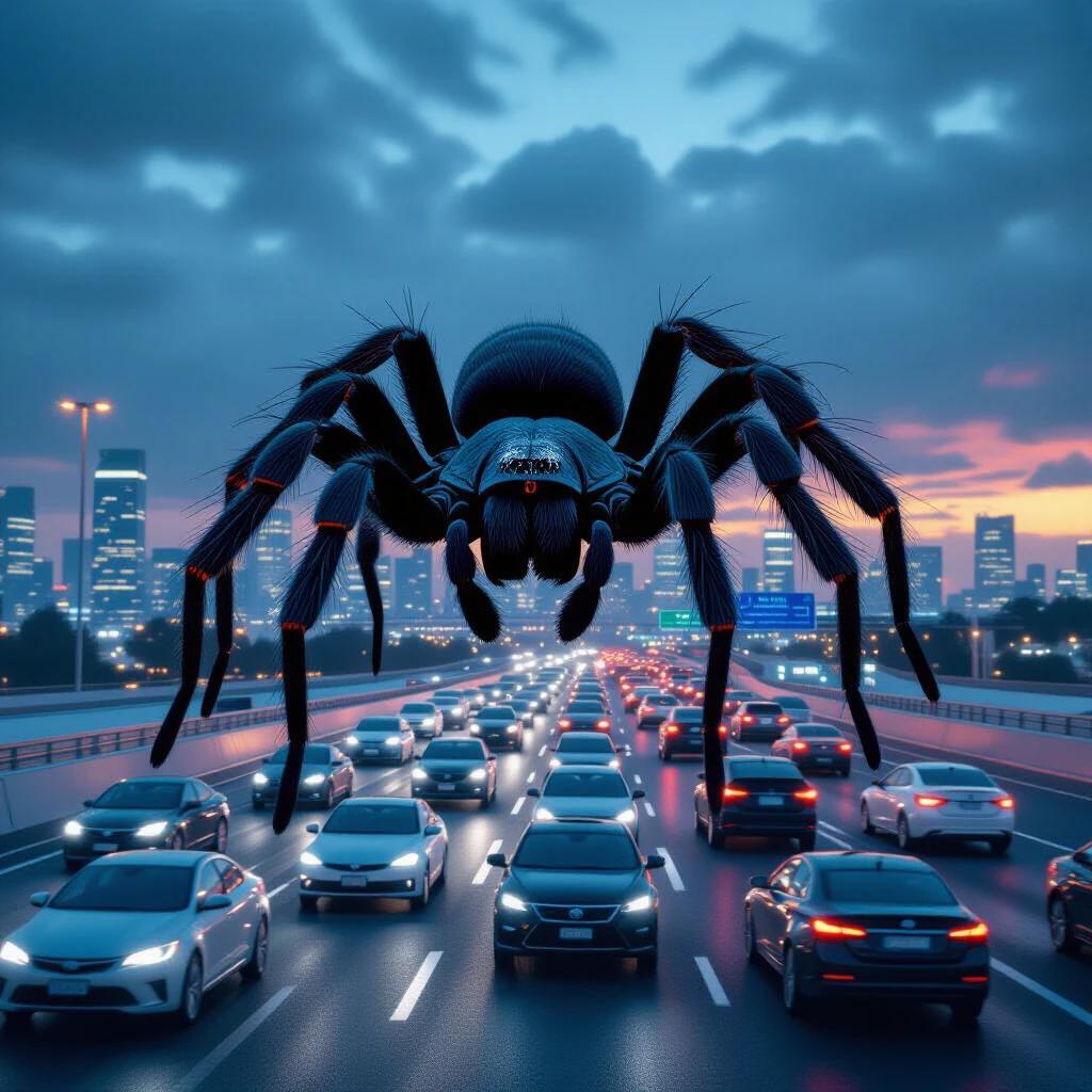 A giant tarantula walks on top of cars in a traffic jam. The scene is set in a futuristic city with a dark dramatic sky. Hyper realistic style with cinematic color grading and v-ray rendering.