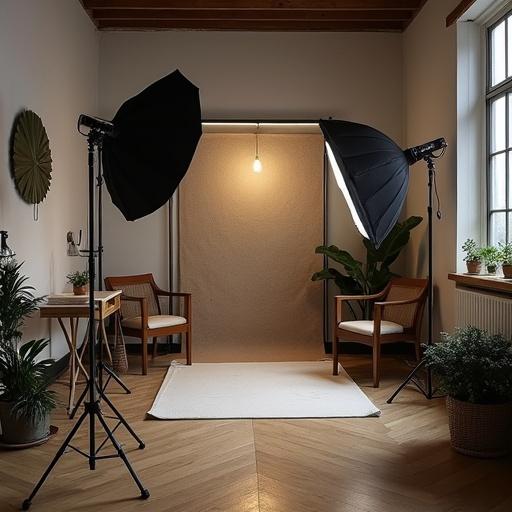 Small photoshoot studio with lighting setup. Two softboxes are positioned on either side. A simple backdrop hangs against the wall. Chairs and plants are arranged to enhance the space.