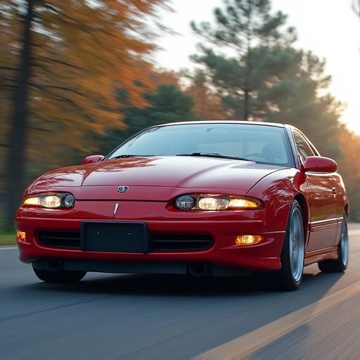 Photograph of a red Pontiac Calibra driving on a wooded road at sunset. The car shows realistic details and is captured in motion.