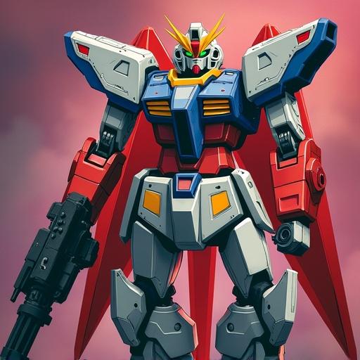 V Gundam in an epic pose with a weapon, vibrant colors, dynamic angle, action stance