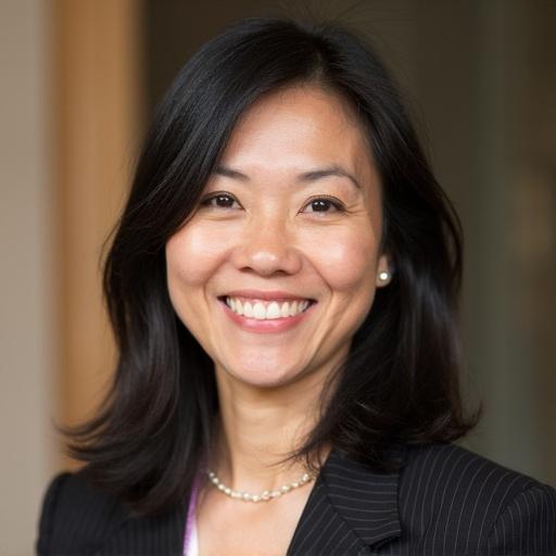 Portrait of a smiling woman in a professional setting. She has long black hair and wears a black pinstripe blazer. The background is softly blurred.