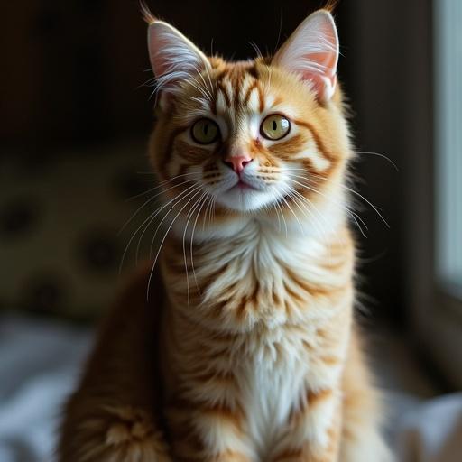A cat sitting indoors with a focus on its face. The cat has orange fur and striking green eyes. The background is softly blurred, highlighting the cat. Captured in high resolution with a warm ambiance.