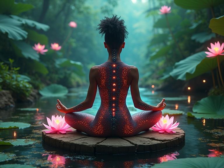 Caribbean woman practices meditation in lotus position on a circular platform in a sacred pond. Intricate cybernetic implants visible on her back and arms. Multicolored luminous filaments connect her to the lush jungle. Surrounded by glowing lotus flowers and oversized leaves with nanotech particles drifting in the air.