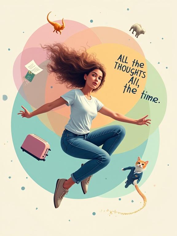 A floating young woman in jeans and a t-shirt is suspended mid-air, conveying a mix of wonder and mental overload. Surrounding her are circular layered graphics in pastel tones. Floating icons include a toaster, dinosaur, deadline paper, formal cat, and glitter. Hair and limbs suggest overstimulation. Typography in bold font reads: 'All the thoughts. All the time.'