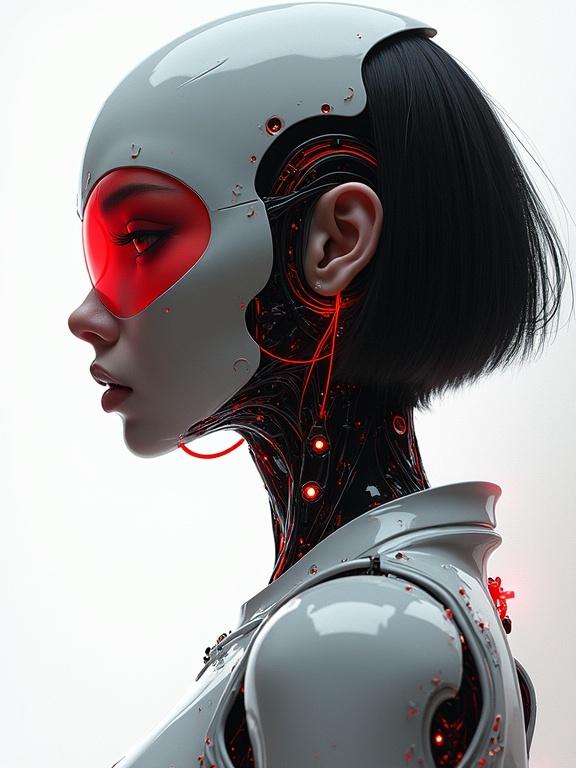 Full body portrait of a stunning android from the side. Cybernetic implants and biomechanical parts. Reflective mirror glasses. Casual wear with tattoos. Digital art in high resolution. Emotionless expression and crimson eyeshadow. Vivid red mask from nose to neck. Short bob haircut framing the synthetic face. Background is a white void with holographic overlays. Soft clinical lighting highlights her features. Blend of multiple art styles. Detailing in anatomy and structure.
