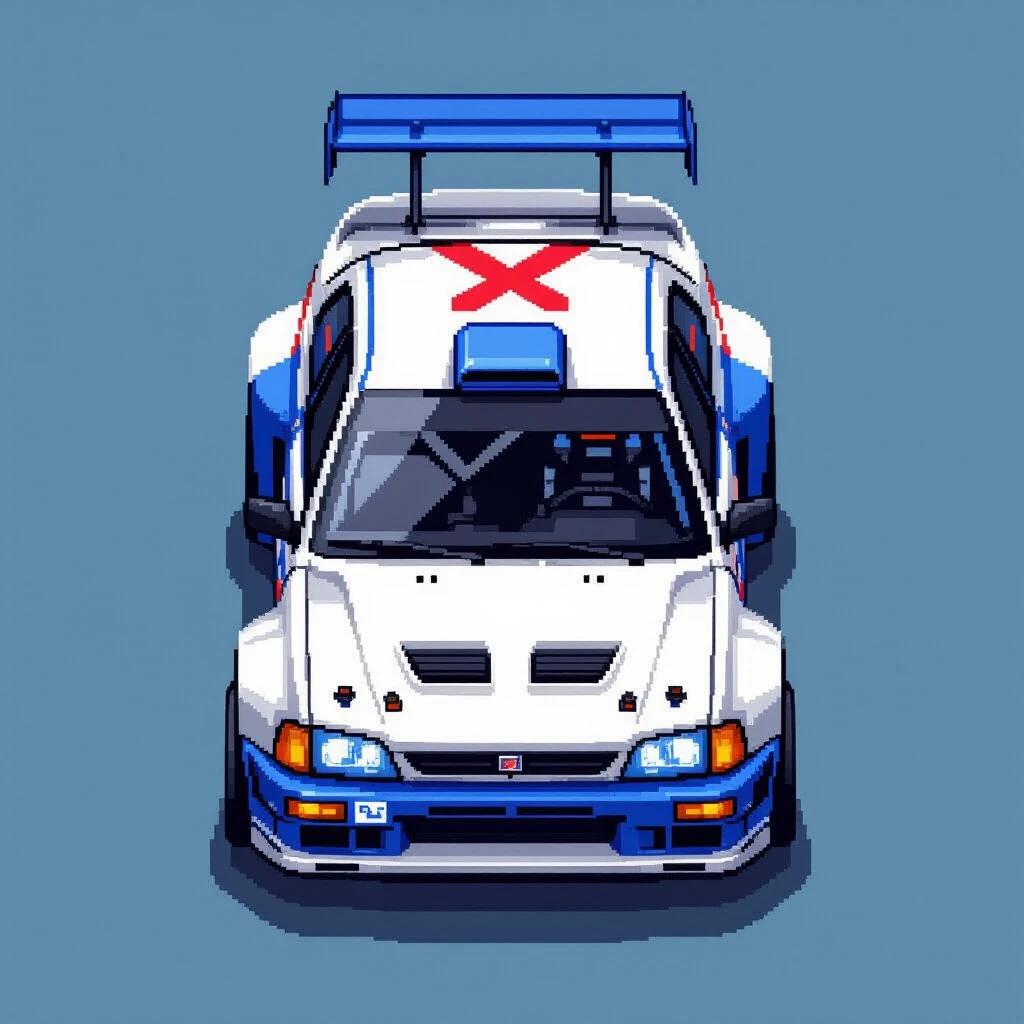 Pixel art of a compact rally car seen from the top. Car features a white body with blue panels and red racing stripe. Style is 16-bit arcade pixel art with clean outlines. The background is transparent. Car appears ready for a retro racing game.