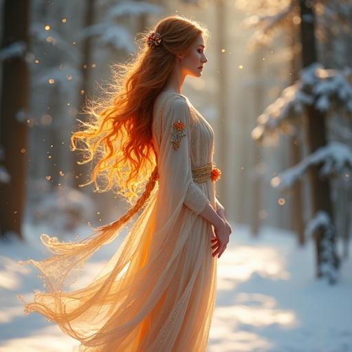A graceful fire spirit stands in a snow-covered silent forest. She has an elegant body. Her flowing amber and golden hair dances in the breeze. She wears a platinum silk robe with delicate patterns. Her eyes glow warmly. Tiny glowing particles illuminate the snow. She symbolizes hope and comfort. The lighting is ethereal and cinematic. The style is fantasy art with soft painterly rendering.