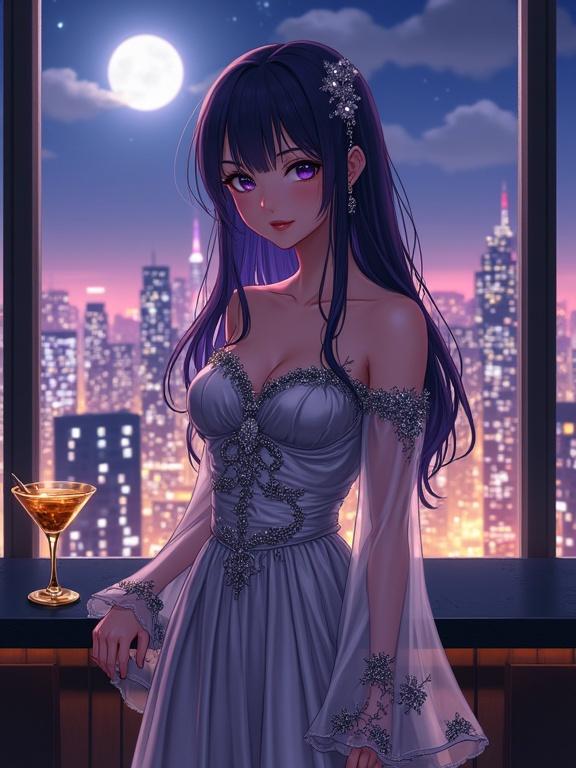 A woman stands gracefully in a luxurious off-shoulder gown. She faces forward in an upscale lounge. Her long dark violet hair flows elegantly. She wears kanzashi pins and long silver earrings. A gold cocktail is on the bar counter. The view through the window shows a vibrant city skyline at night. The scene has a magical ambiance with strong cinema-like lighting. Fashion and elegance are emphasized in this artwork.