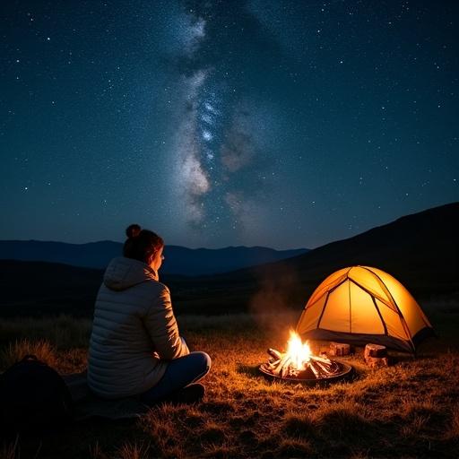 Photograph of a nighttime outdoor scene under a starry sky. A person seated on the grass facing away from the camera, gazing at the Milky Way. They wear a light jacket and jeans, seated on a blanket with a backpack nearby. A campfire to the right, surrounded by logs. A glowing tent indicates occupancy. Background features dark hills and sparse vegetation, with many stars in the sky.