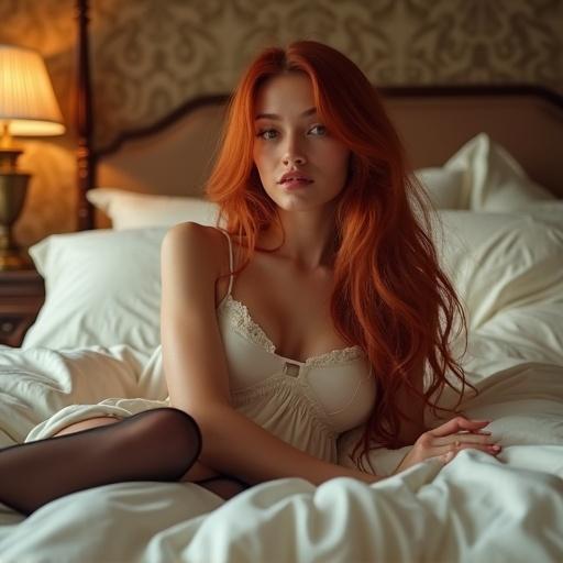 A stunning woman poses elegantly on a luxurious king-size bed. She has jade-colored eyes and red lips against her flawless complexion. Long red hair frames her face. She wears a white silk lingerie dress and high heels with black sheer stockings. The bedroom features warm ambient lighting with soft shadows, illuminated by golden hour sunlight. Rich textured wallpaper and elegant furnishings complete the setting. Shot with professional cinema camera equipment in 8K resolution.