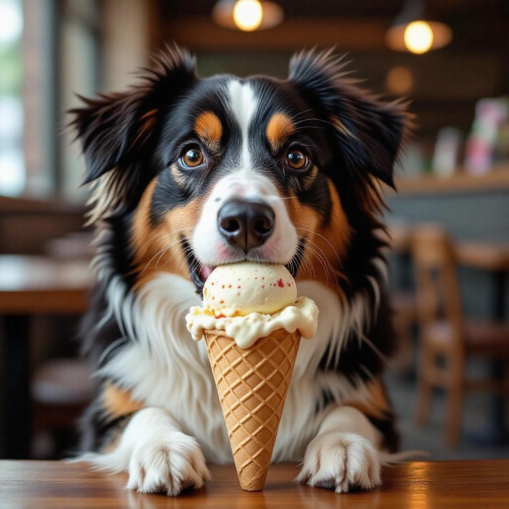 A dog happily holds an ice cream cone. The dog is sitting at a table in a café. The ice cream cone has a scoop of vanilla ice cream with sprinkles.