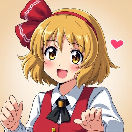 Anime character with blonde hair and a red ribbon. Character smiles joyfully with hands raised. Soft pastel background with a heart motif.