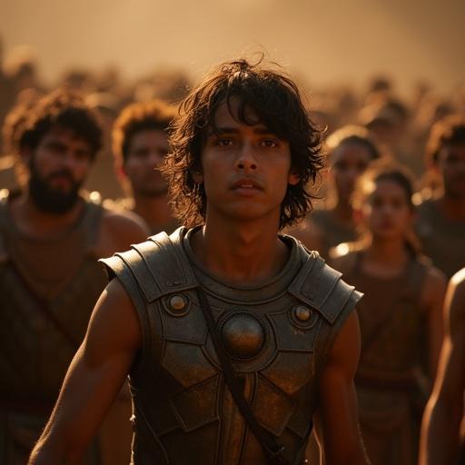 Close-up of a crowd turning their heads in unison. Eyes wide open. Mouths slightly agape. Young warrior strides in from the back of the arena. Skin glows like the sun. Armor shines like fire. Muscles ripple with power. Faces of the crowd show disbelief and curiosity.