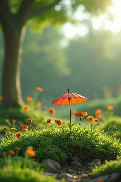 3D animation of a meadow in the afternoon with an orange umbrella and flowers.