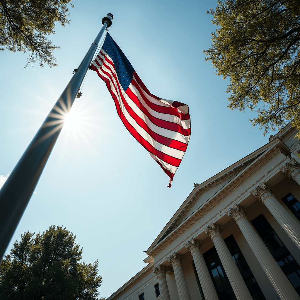 The American flag waves proudly in front of a neoclassical building under a clear sky.