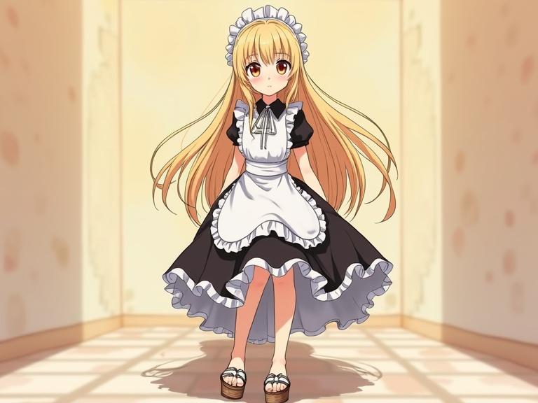 Blonde maid with long hair wearing a black and white maid outfit and wedge sandals in anime style