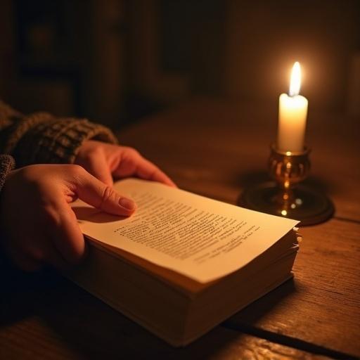 A trembling hand holding a book next to a flickering candle on a wooden table.