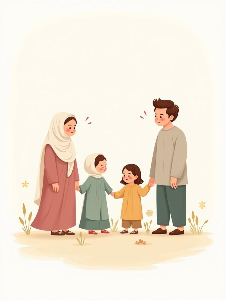 Kawaii illustration of a Muslim family with two daughters enjoying Eid. Mom wears hijab and smiles. Dad stands beside them. Family looks cheerful. Soft pastel colors create an innocent atmosphere. White background makes the scene pop.