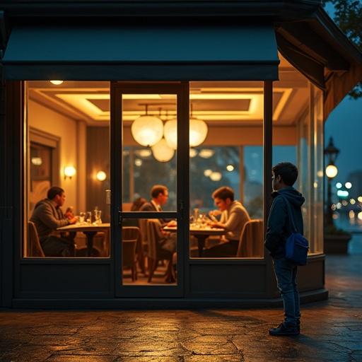 Nighttime scene in Puerto Madero, Buenos Aires, with a restaurant viewed through large windows. A 12-year-old boy stands outside, holding a blue backpack, gazing inside with a look of wonder. The interior is warm and inviting, with waiters serving food at elegantly set tables. The atmosphere contrasts the cool night outside. He's slightly leaning forward, hands in pockets, embodying curiosity and longing.