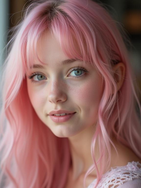 Portrait of a teenage girl with pink hair and a youthful face. She has a soft expression and natural beauty.