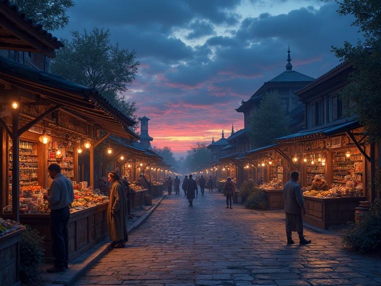 Marketplace street scene set in year 3025 under a twilight sky. The street lined with market stalls illuminated by warm lights. Figures moving in the soft light. A tranquil and inviting atmosphere is created by the twilight.