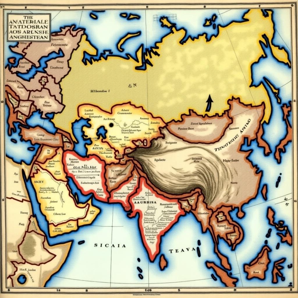 This image illustrates a historical map of Central Asia from around 1720. It highlights various territorial boundaries and geographic features significant to that era. Major regions including parts of Europe and Asia are prominently displayed. The artistic style reflects the mapmaking techniques of the early 1700s. Decorative elements and contextual names are integrated into the design, enhancing its historical relevance.