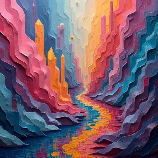 Colorful crystalline landscape in an abstract style. Layers of acrylic and modeling paste create depth. A winding river flows through vibrant geometric formations.