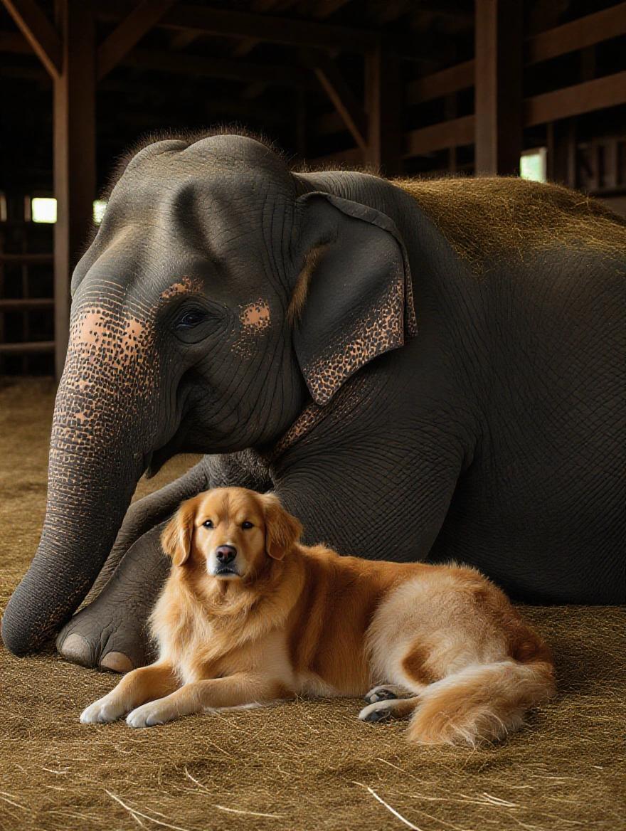 A golden retriever curled up against an elephant's leg resting on hay inside a barn. The lighting is warm and inviting, creating a cozy atmosphere. Photorealistic rendering of the scene.