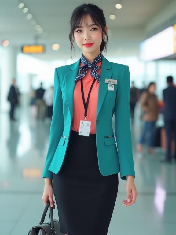 Female airport ground staff in a stylish uniform. Coral-pink chiffon blouse and turquoise blazer. Black pencil skirt. Black pumps. Bunned black hair. Light makeup and friendly smile. Name tag on blazer. Dark-blue scarf tied at neck. Dark-grey satchel. Airport terminal background.