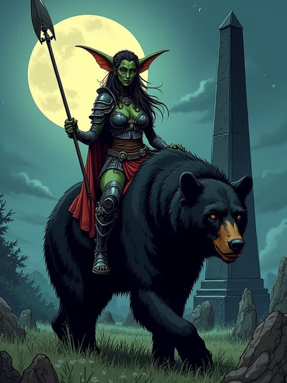 Hand-drawn comic book style image of a goblin character on a black bear holding a spear. The goblin has a flat female chest and is adorned in heavy armor. Moonlight illuminates the scene near a black obelisk in a graveyard, casting dramatic shadows around. The overall look is cel shaded with realistic proportions and vibrant colors.