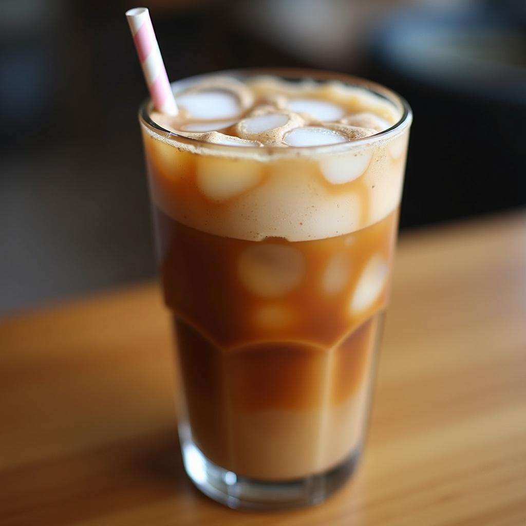 Iced latte coffee in a tall glass. Glass contains ice cubes and a straw. Drink features a creamy, brown color and a foamy top. Setting appears warm and inviting.