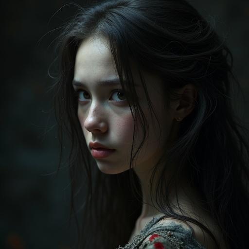 Subject with long flowing hair and sorrowful expression. Captured in a dark background with subtle light highlights. Close-up focusing on delicate facial features. The atmosphere conveys mystery with artistic quality.
