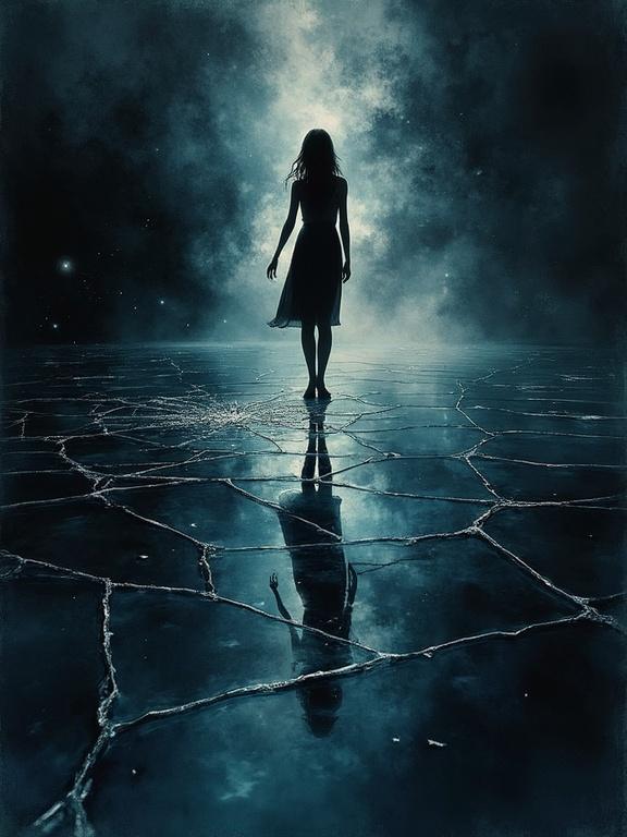 Digital watercolor painting of a woman standing on a reflective glass sea. Cracks appear beneath her feet. Cosmic void reflections are visible. Noir and surreal elements are integrated into a minimalist style.