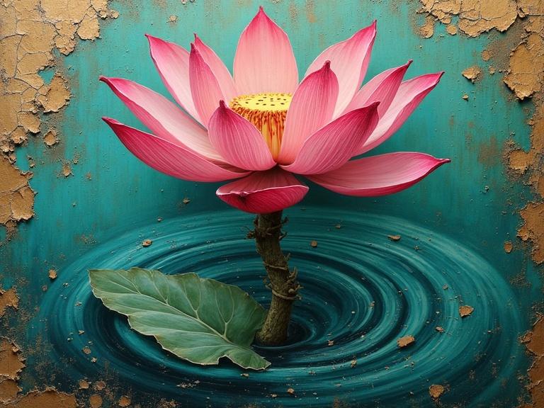 Ultra-hyperrealistic digital render of a lotus flower emerging from textured depths. Vibrant pink petals atop gnarled green stem. Aged background with moss-hued waters. Elements of light and shadow create depth. Fragments of peeling paint reveal ancient symbols. Capturing the beauty of decay and resilience.