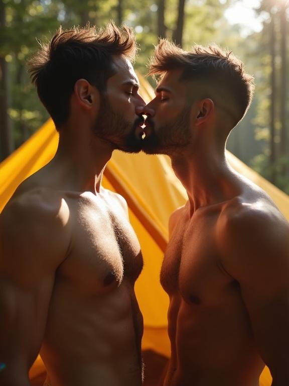 close-up of two shirtless handsome men outside a tent in a sunlit forest. the men are about to kiss