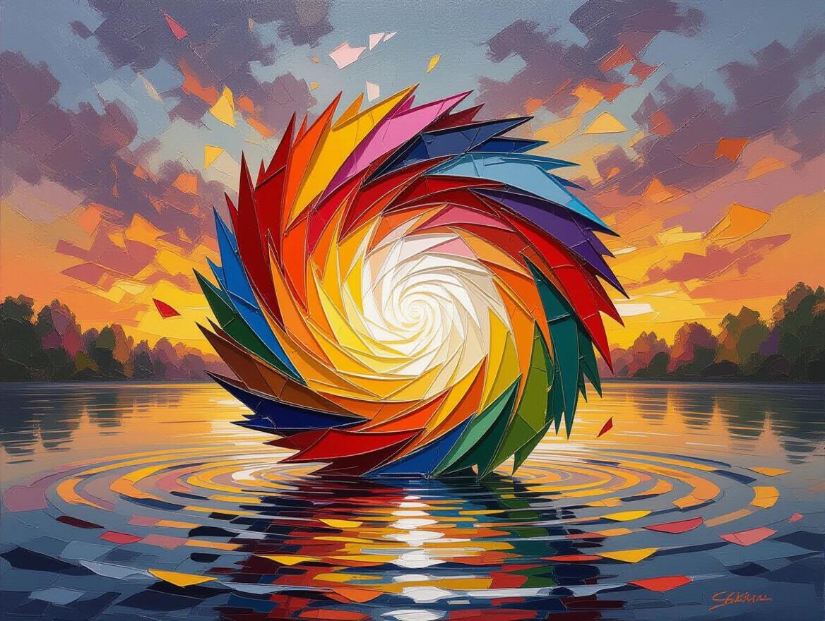 Sculptural oil painting with extreme impasto. A vibrant vortex of sharp, multi-colored shards on a misty lake during sunset. The vortex center radiates white and yellow paint.