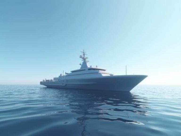 Image depicts a sleek, light grey, sci-fi polygonal star carrier on calm water. White sunny blue sky above. Focus on realistic details in shadows and textures. 4K quality.