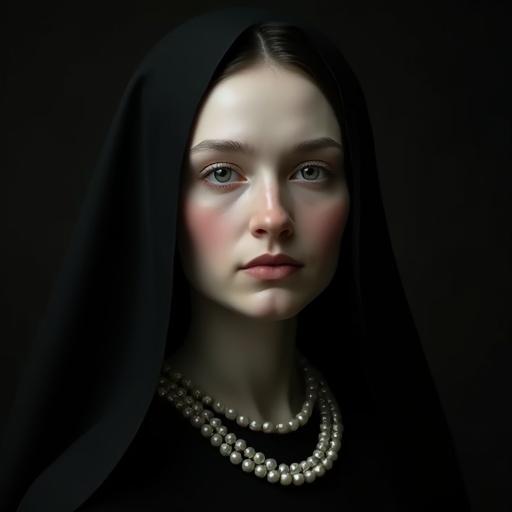 Photograph features a woman with white skin and dark hair. She wears a black garment and a pearl necklace. The dark background enhances her soft features. The composition mimics old baroque style. Rosy cheeks add warmth to her appearance. A long veil partially covers her face. She gazes straight ahead.
