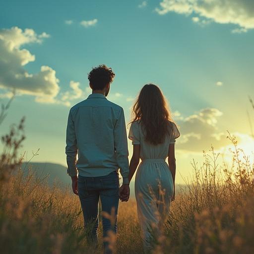 A couple standing hand in hand in a field during sunset. The scene captures a romantic atmosphere with soft golden hues and a warm sky. The couple appears relaxed and connected, surrounded by nature.