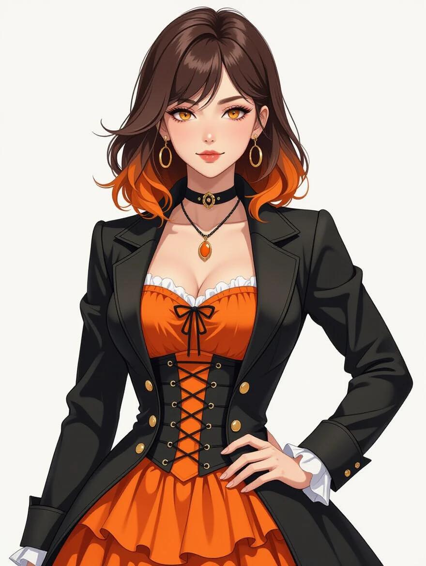 A character with medium brown hair featuring orange highlights wearing a fashionable victorian outfit. The outfit consists of a black jacket and an orange frilled dress. She stands looking directly at the viewer with an expressionless face. Accessories include earrings and a choker with an orange pendant. Simple white background adds focus.