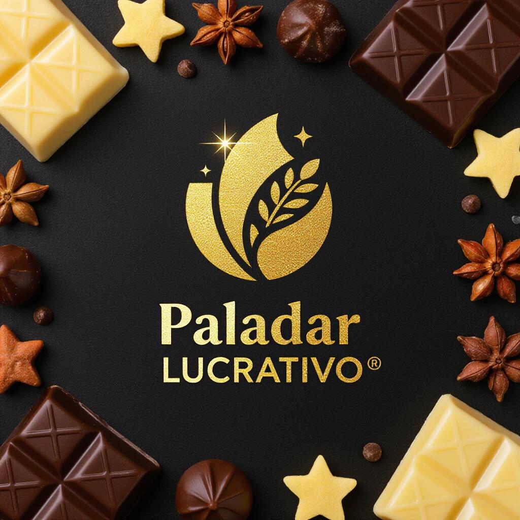 A shiny gold logo design that features a minimalist style. The design is eye-catching and elegant. Incorporates the name Paladar Lucrativo in Portuguese. The logo is displayed on a black background with surrounding chocolate shapes to enhance its aesthetics. The logo features a leaf and is aimed at the confectionery industry.