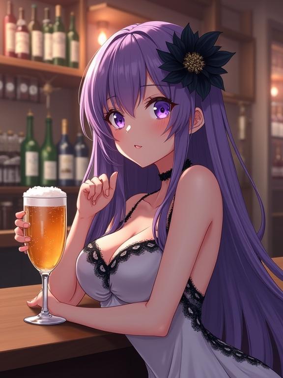 Semi-anime lady with long purple hair and eyes. Wearing light dress with black lace. Sitting at bar with glass of beer. Black flower in hair. Warm bar atmosphere with shelves of bottles. Soft lighting. Digital painting with high detail.