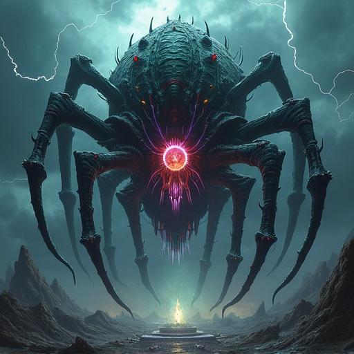 Enormous surreal horror creature emerges from dark void. Inspired by Lovecraftian and alien design. Massive bulbous body has glistening skin with glowing veins. Asymmetrical eyes pulse across form. Twisted limbs and tendrils extend from body with claw-like structures. Bizarre heads emit unified scream. Vortex of red and violet light glows inside torso. Creature hovers above shattered alien altar. Stormy sky filled with lightning. Detailed and atmospheric concept art.