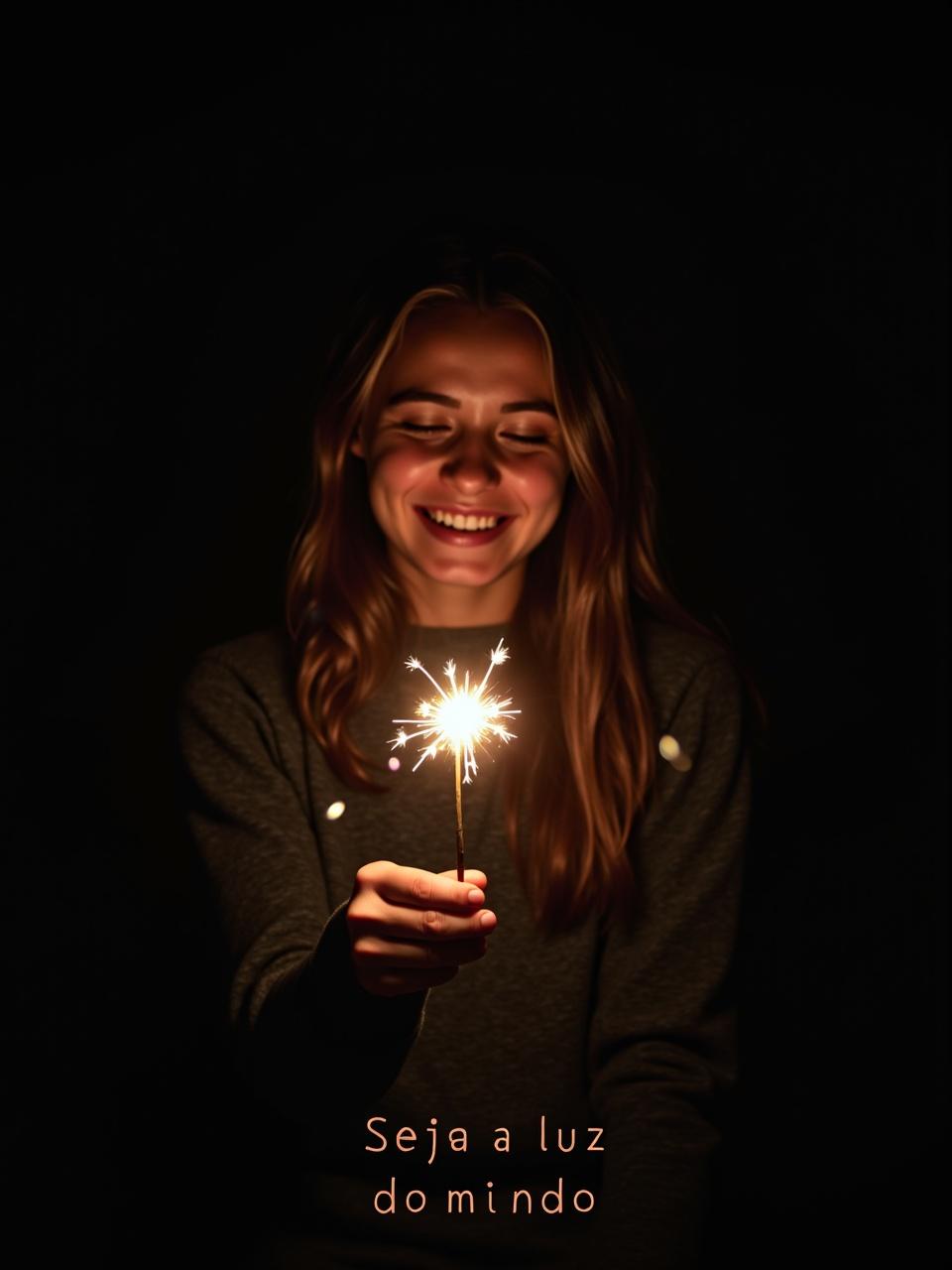 A young woman smiling while holding a lit sparkler in a dark setting, with the Portuguese text 'Seja a luz do mundo' at the bottom of the image.