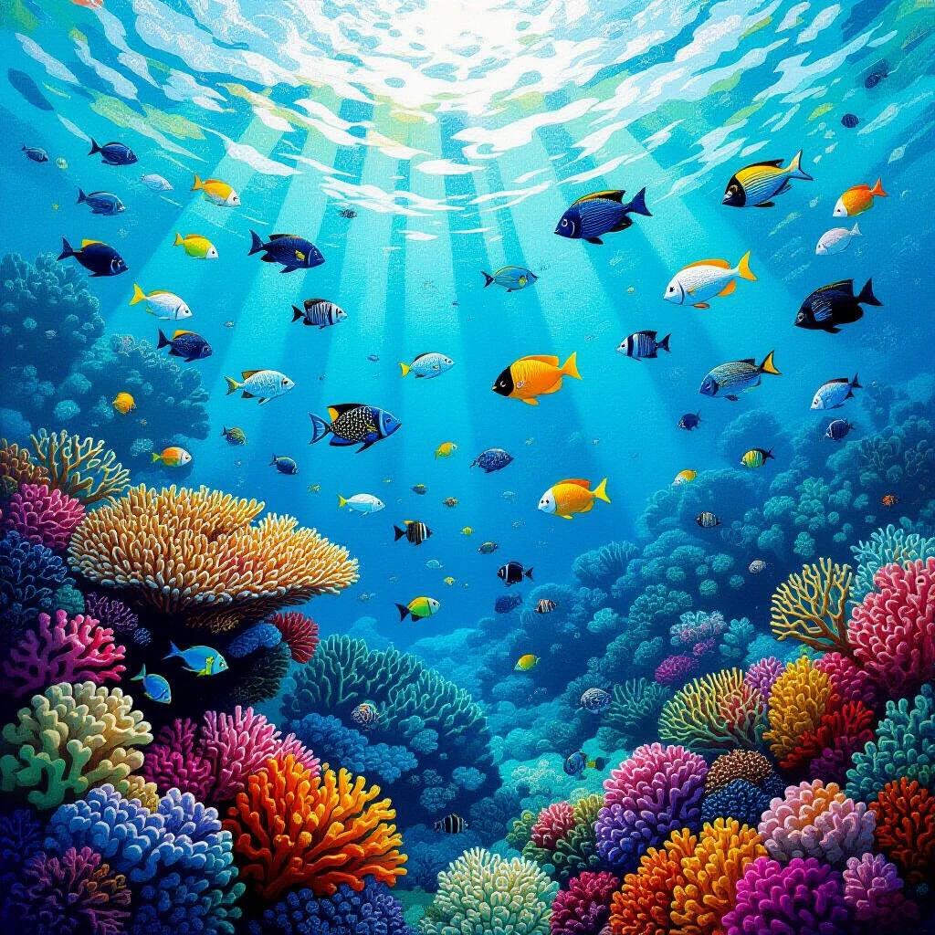 Vibrant coral reef features tropical fish created using pointillist technique. Thousands of color points illustrate underwater biodiversity. Marine biology combined with neo-impressionist style. Artwork emphasizes ecological study through optical color mixing. Represents contemporary environmental themes with classical art techniques. Masterpiece showcasing marine ecosystems. Suitable for gallery display and conservation messages.