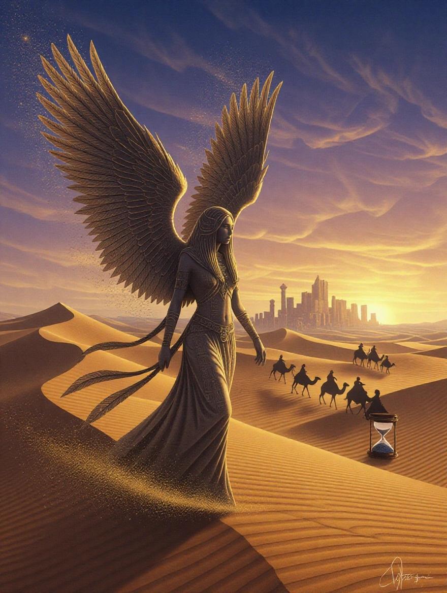 Angel in a desert with feathered wings walks across sandy dunes. Wings disintegrate into gold particles. Ruined city visible in background. Shadowy camels with hourglasses in front. Sky transitions from purple to orange capturing decay and renewal.