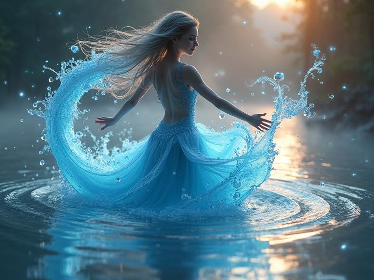 3D render of a dancer in a flowing blue dress surrounded by water. Long translucent hair swirls into a whirlpool. Glowing fireflies made of air bubbles surround her. The scene features warm twilight colors and mystical elements.